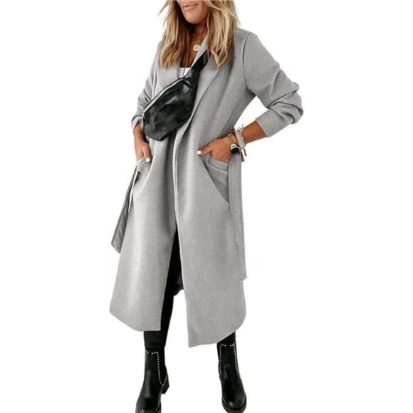 Womens Classic Coat Lapel Collar Open Front Light Grey - Picture 4 of 5